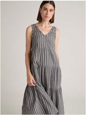 QUINCE Organic Cotton Maxi Dress Large Black Striped Tiered Sleeveless